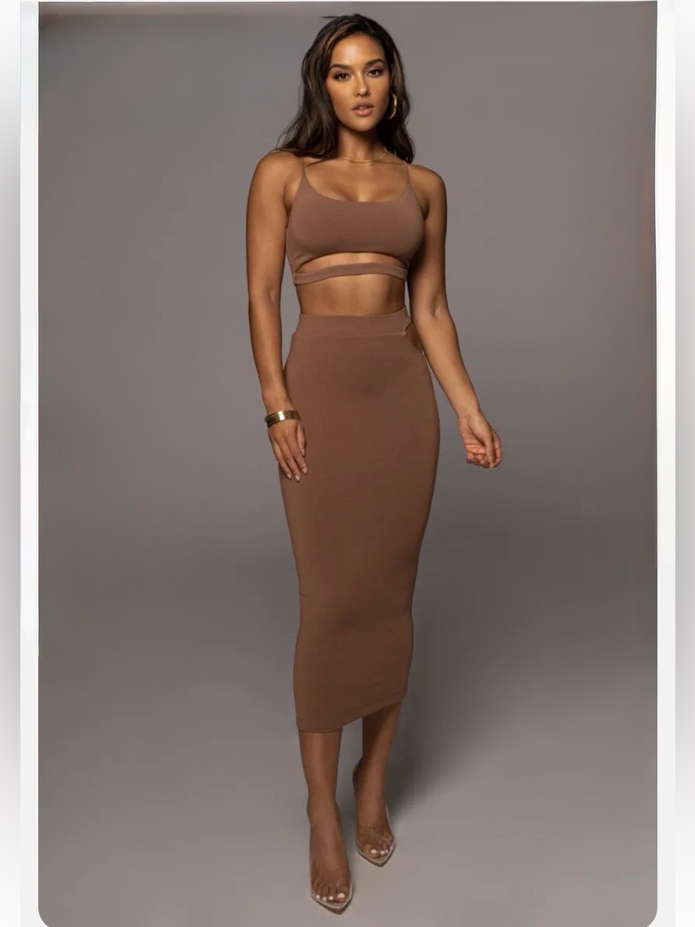 JLUXLABEL Brown High-Waist Midi Pencil Skirt